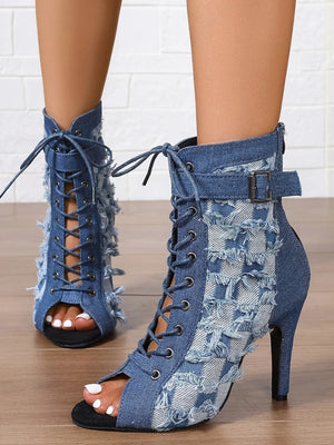 Distressed Denim Lace-Up Peep Toe Ankle Boots - Ms. Mesha Ent
