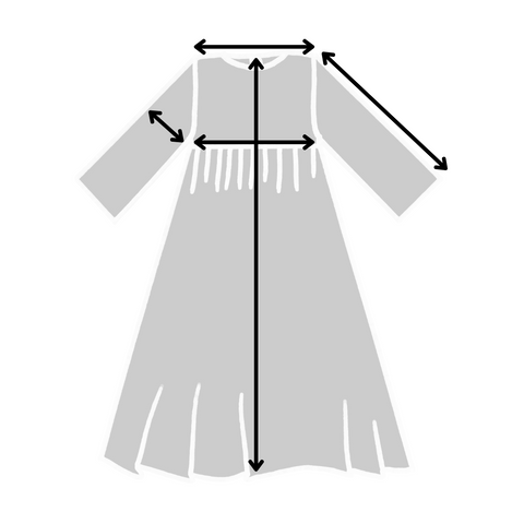 our smock dress with arrows indicating where to measure for sizing