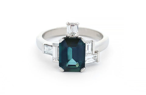 Move Along Mondrian: Teal Sapphire and Diamond Cluster Ring
