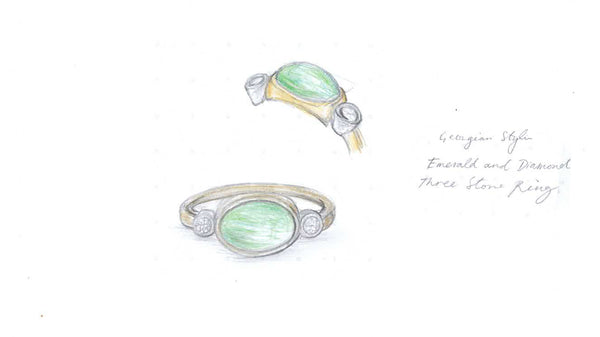 Anna Woodruff and Matt Johnson's Georgian-Styled Emerald and Diamond Engagement Ring Sketch by The Village Goldsmith.