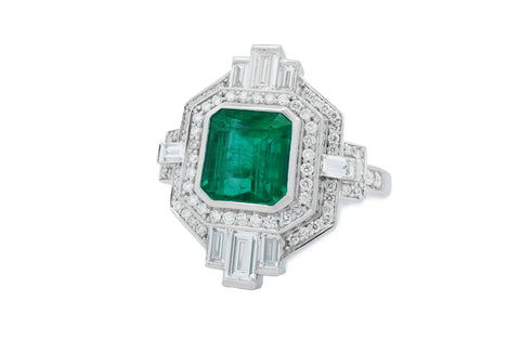 Lady Liberty: Art Deco inspired Emerald and Diamond Halo Ring