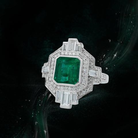 Lady Liberty Art Deco Style Emerald and Diamond Halo Ring crafted in platinum
