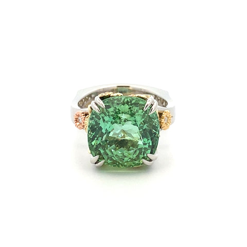 Clematis featuring a 10.25ct cushion mint tourmaline and diamond cluster ring