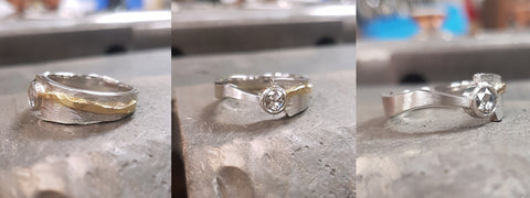 Finished contemporary asymmetrical handcrafted diamond ring unique design rough hammered two tone bezel setting