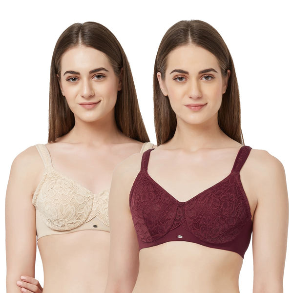 Buy SOIE Women Full Coverage Polyamide Spandex Padded Non Wired Lace Bra  Combo Pack of 2, Crimson,Nude, 32B at