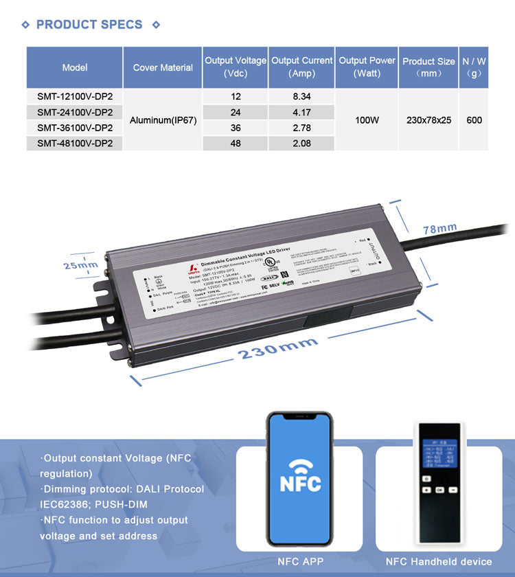 dali-2 & push dimmable Constant Voltage led driver 100W