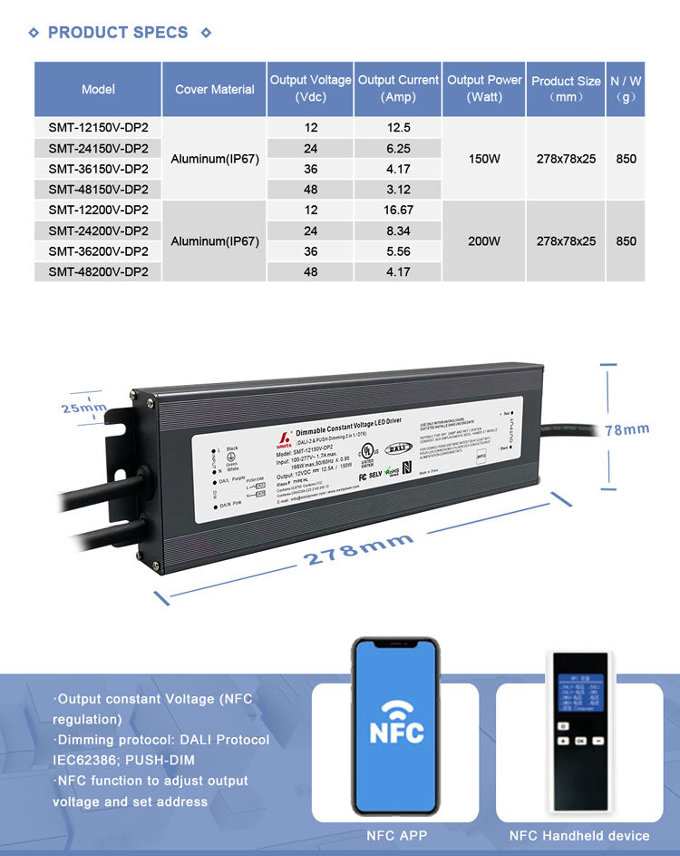 dali-2 & push dimmable Constant Voltage led driver 150W