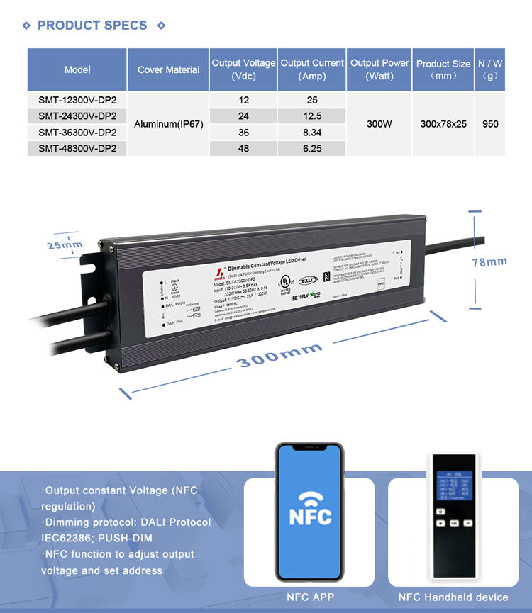 dali-2 & push dimmable Constant Voltage led driver 300W