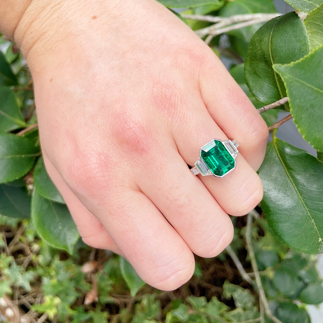 Art Deco Style Emerald & Diamond Three Stone Platinum Ring – Croghan's ...