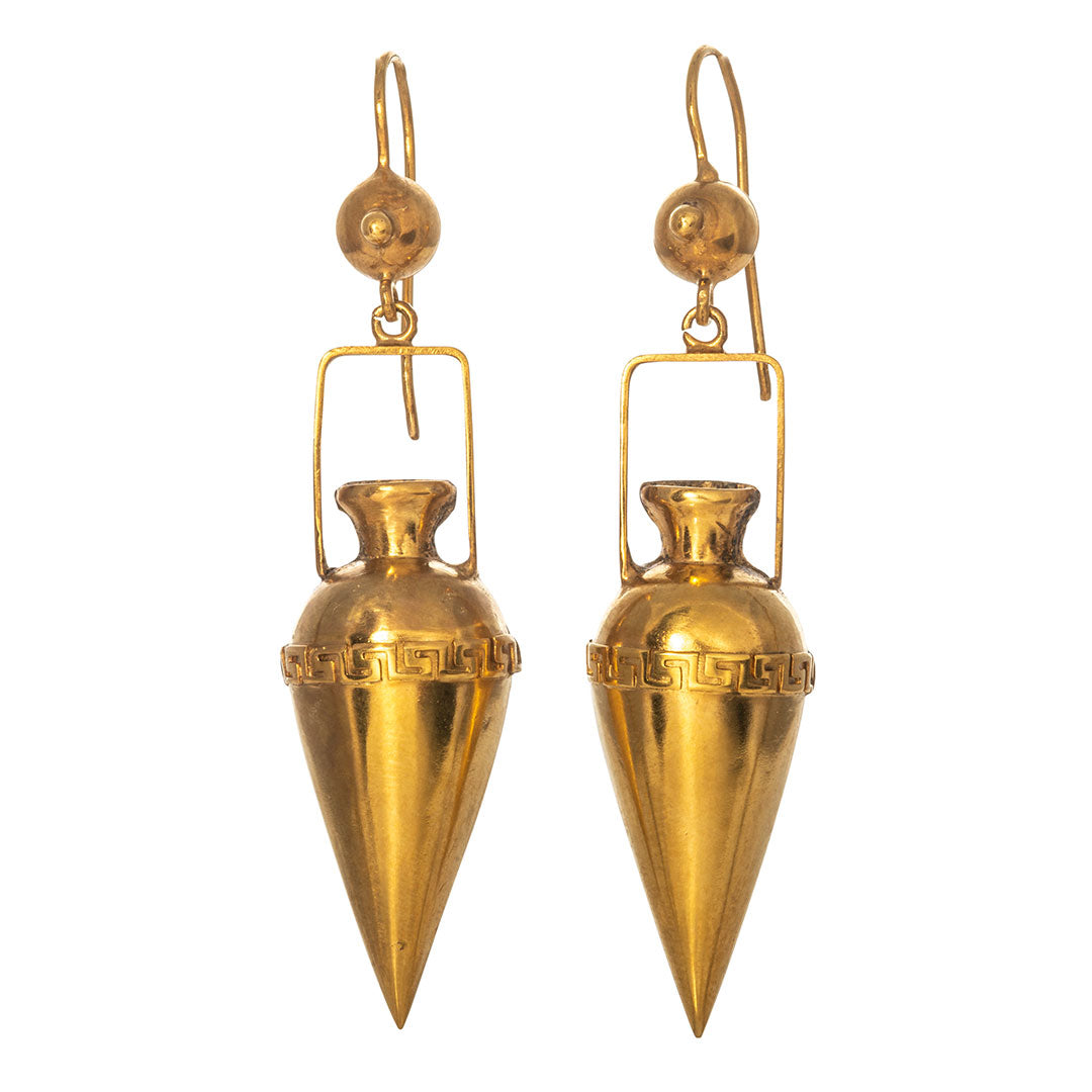 Victorian Etruscan Revival Greek Key Urn 15K Gold Drop Earrings