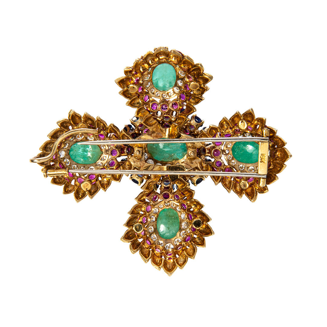 Estate Emerald, Ruby, Diamond & Sapphire 18K Gold Brooch