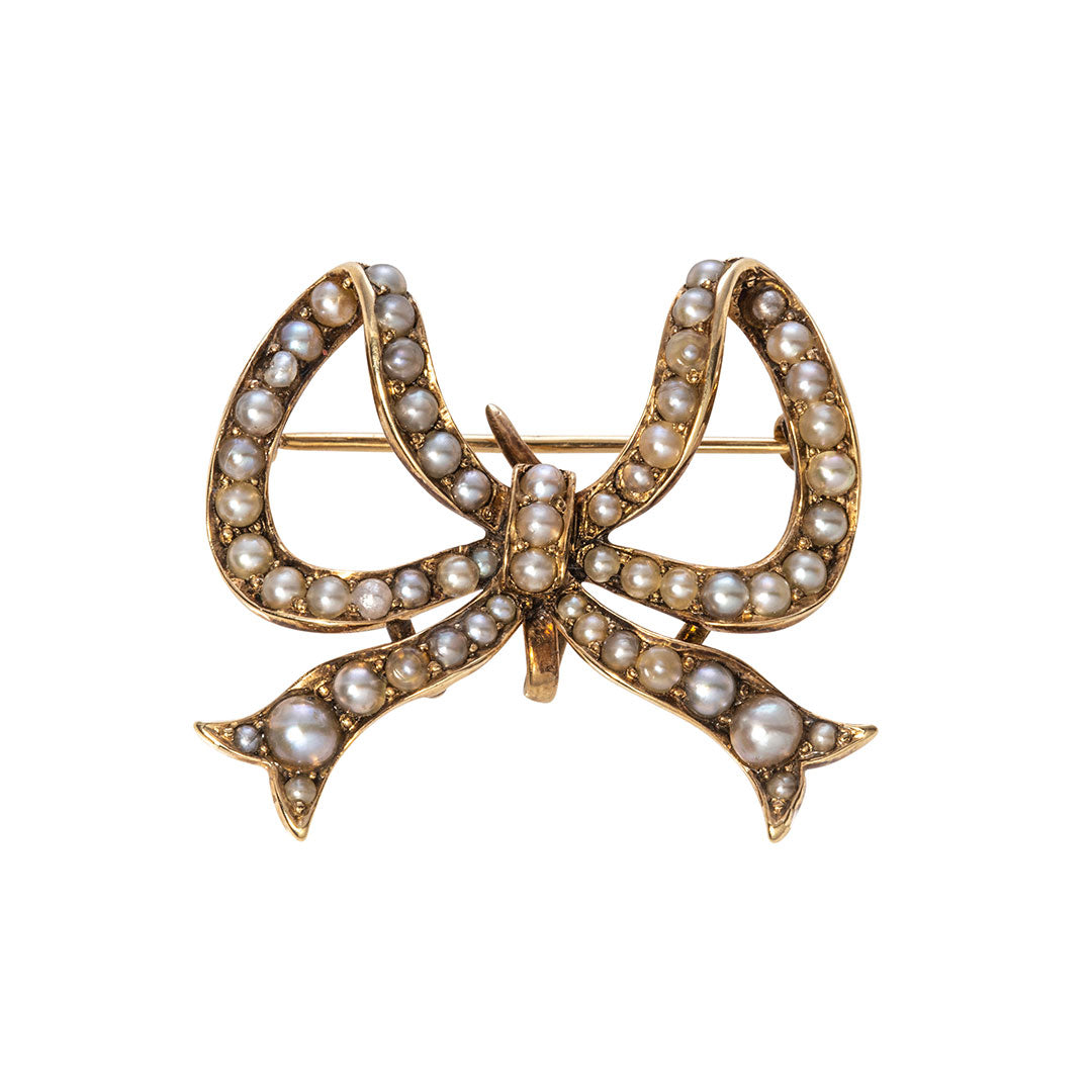 Estate Seed Pearl 14K Gold Bow Pin