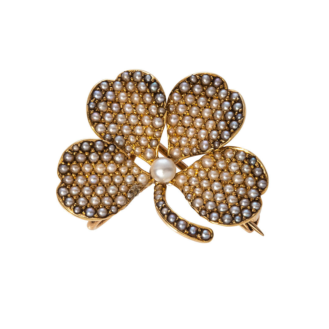 Estate Seed Pearl 14K Gold 4-Leaf Clover Pin/Pendant