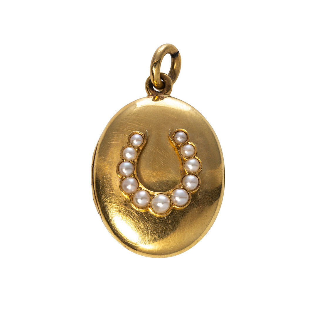 Victorian Pearl Horseshoe 15K Yellow Gold Oval Locket