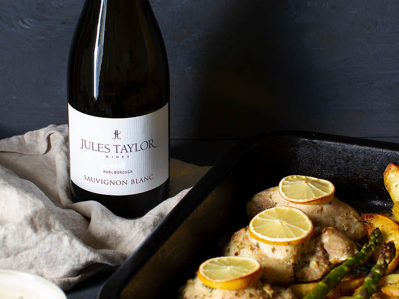 chicken lemon traybake with Jules Taylor Sauvignon Blanc