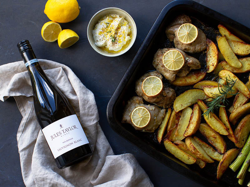 chicken lemon traybake with Jules Taylor Sauvignon Blanc