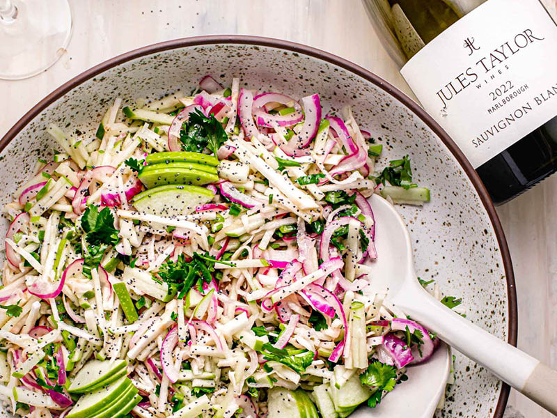 Apple and Celery Root Salad with Jules Taylor Sauvignon Blanc
