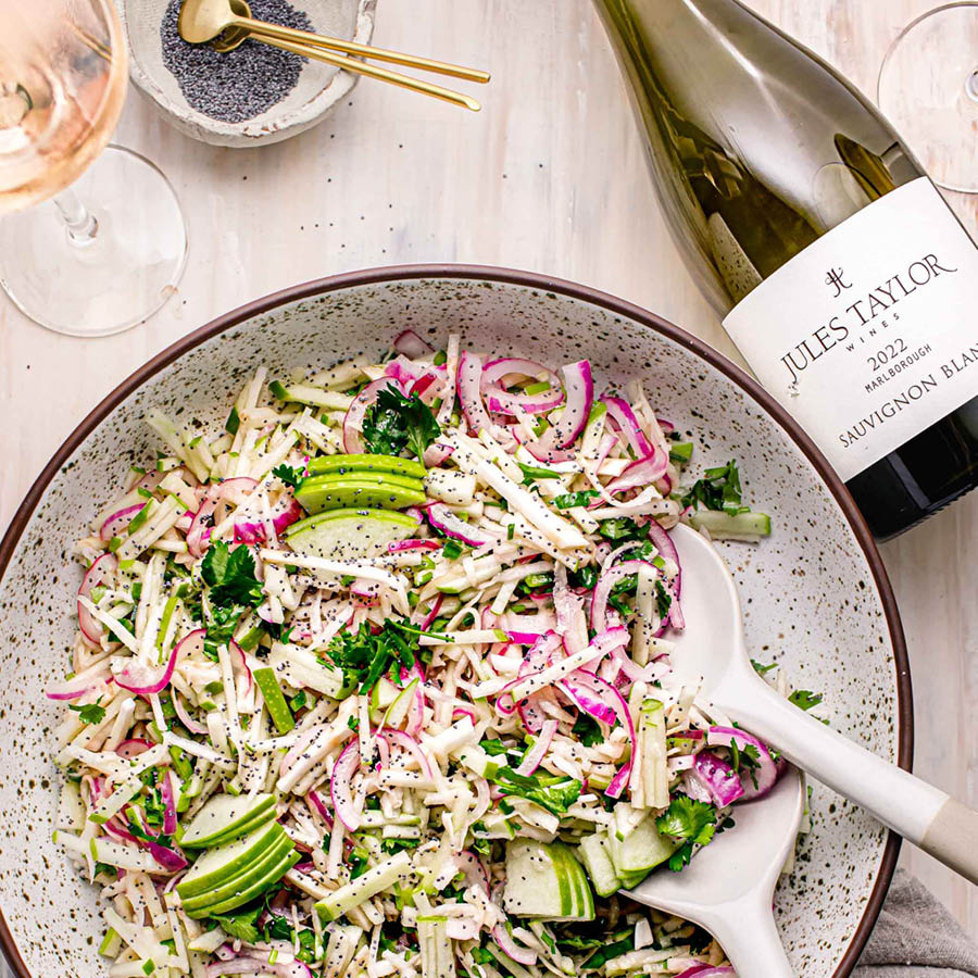 apple celery root slaw with Jules Taylor Sauvignon Blanc