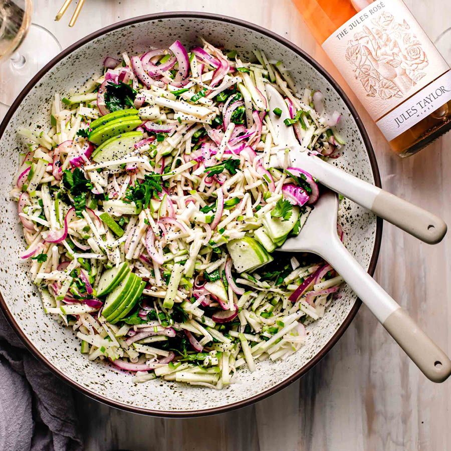 apple celery root slaw with The Jules Rose wine