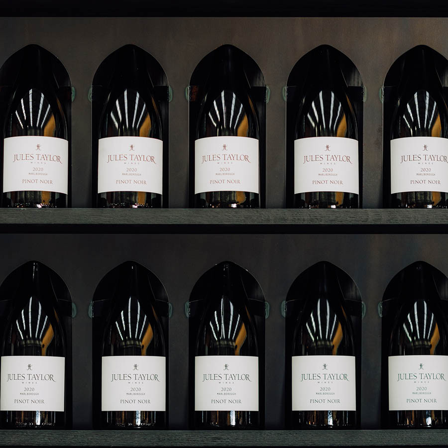 Display of Jules Taylor Wines in wine rack