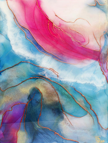 light blue pink white copper and gold abstract painting by artist Nik Torres Designs. 9 x 12 inches