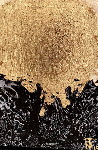 gold and black textured shiny abstract painting. 5 by 7 inches by artist Nik Torres Designs.