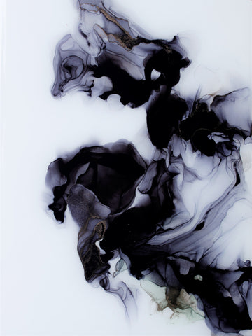 black and white abstract painting on alcohol ink and yupo paper by artist Nik Torres Designs. 9 by 12 inches