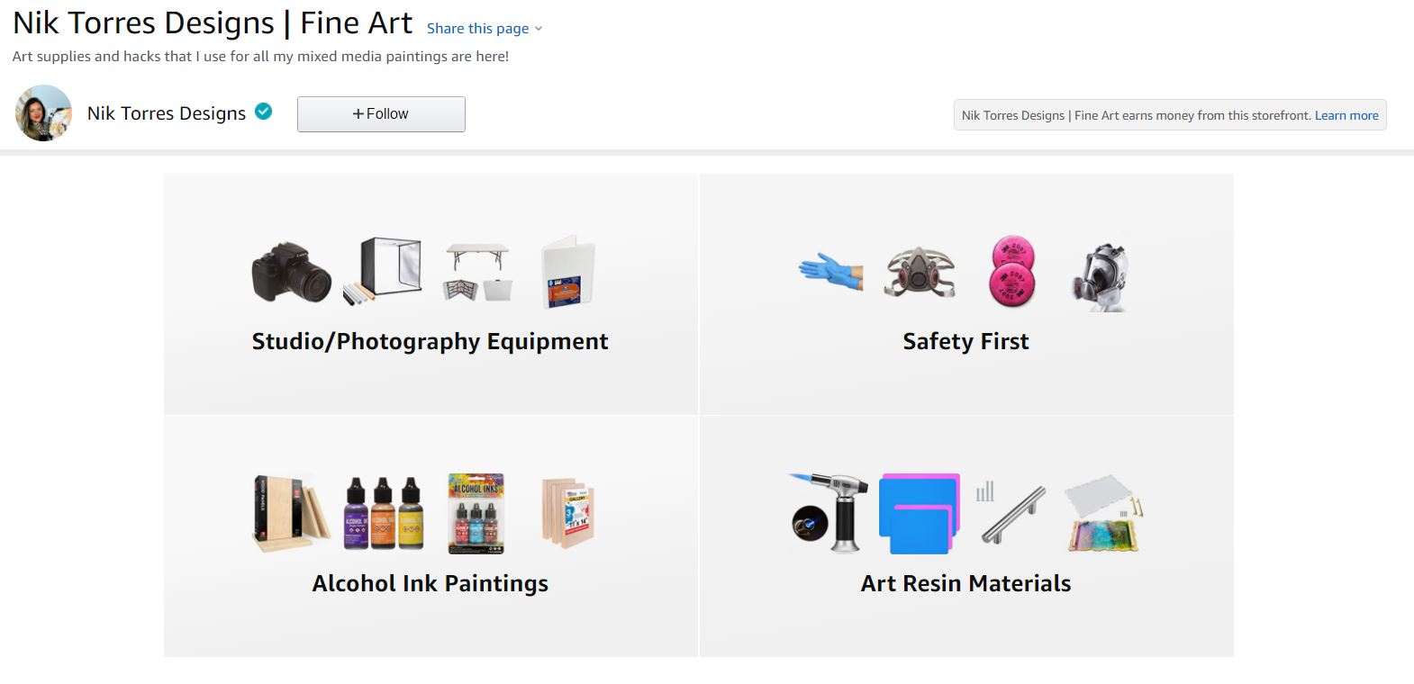 Nik Torres Designs Amazon Store, for Art supplies, alcohol ink and resin art. Studio and photography equipment