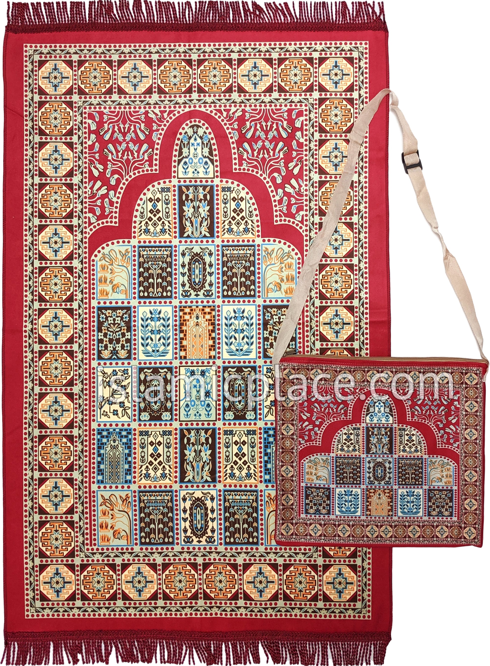 Pink - Mosque Sketch Design Prayer Rug with Matching Zipper Carrying B -  The Islamic Place