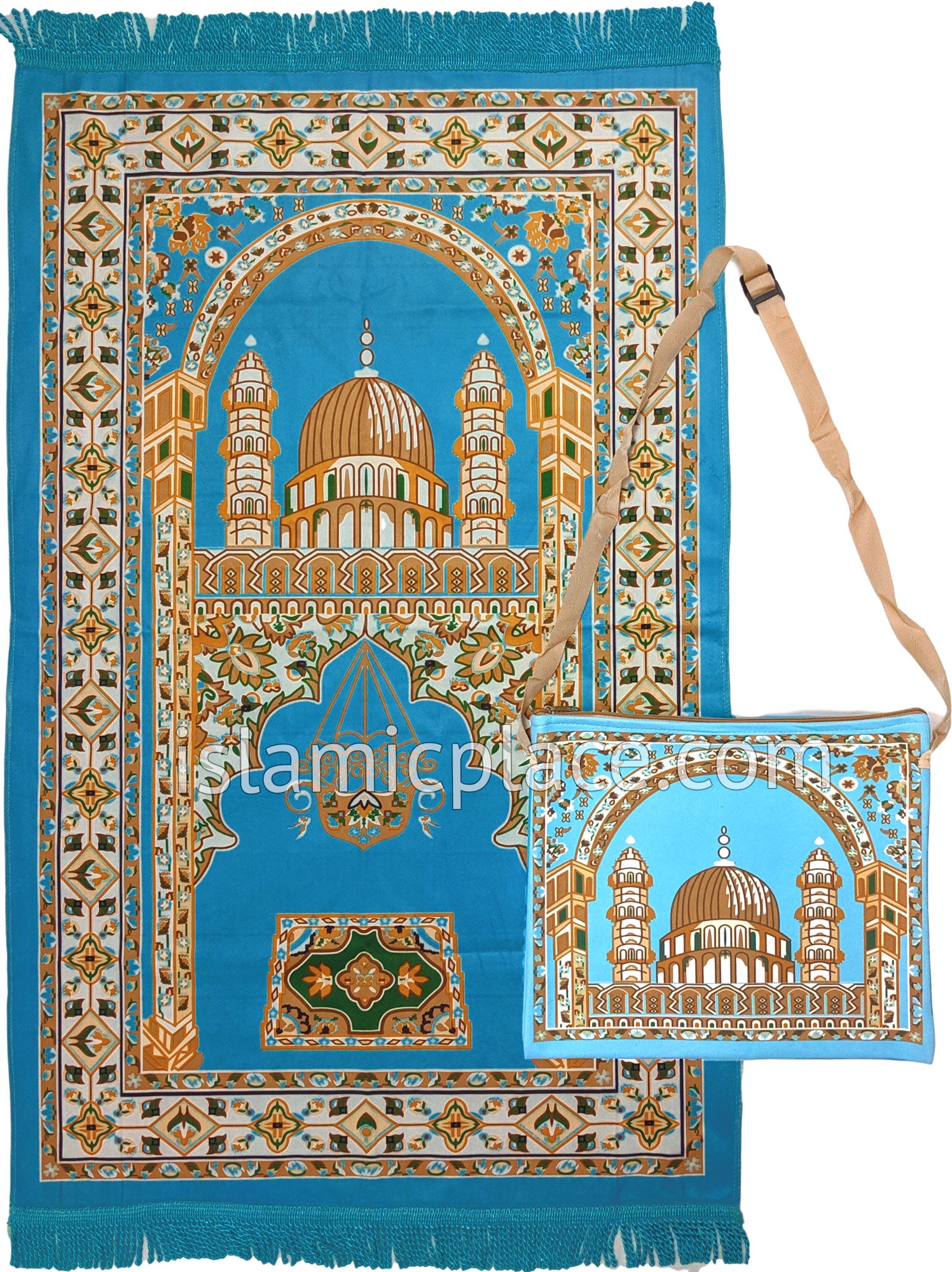 Pink - Mosque Sketch Design Prayer Rug with Matching Zipper Carrying B -  The Islamic Place