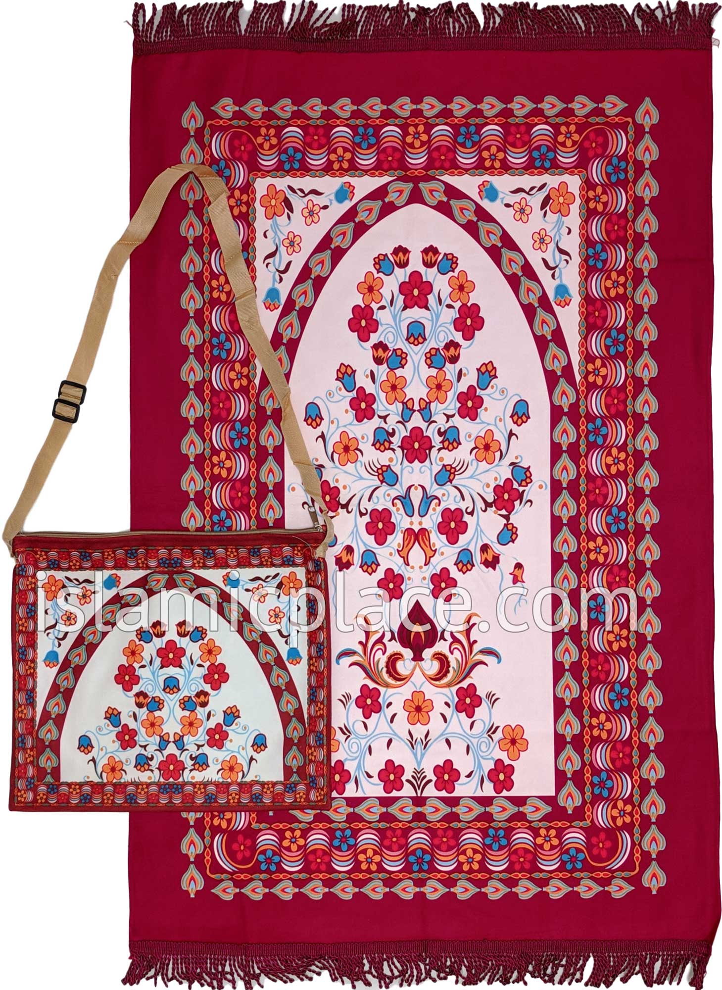 Pink - Mosque Sketch Design Prayer Rug with Matching Zipper Carrying B -  The Islamic Place