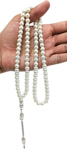 Pearly White - Large Bead Talib Tasbih Prayer Beads - The Islamic Place