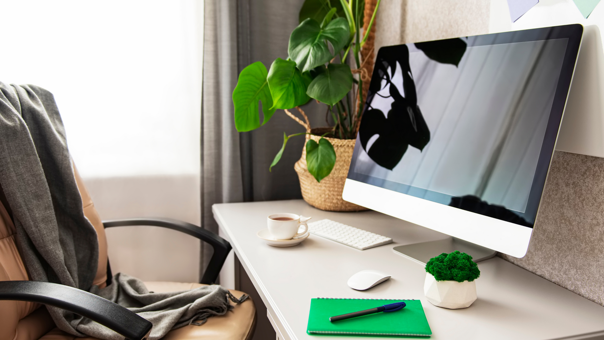 A cozy home office space with a monstera plant in the corner