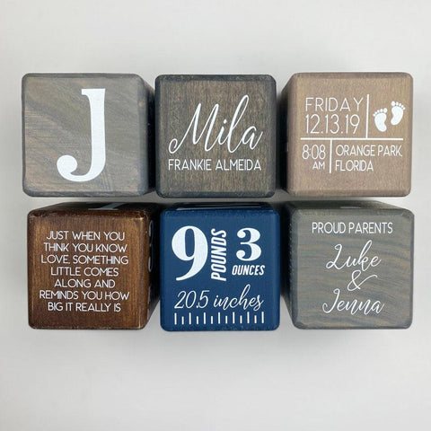 Custom, solid wood birth stat block details baby's arrival