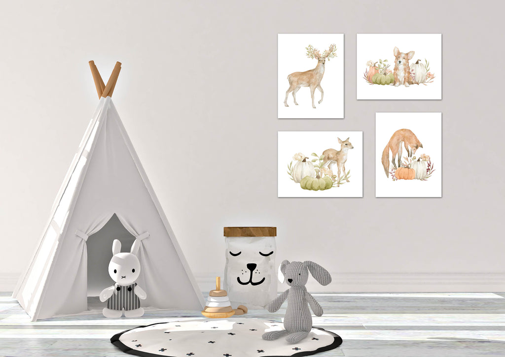 Dogs Pumpkin & reindeer Autumn Outdoors Wall Art Prints Set - Ideal Gift For Family Room Kitchen Play Room Wall Décor Birthday Wedding Anniversary | Set of 4 - Unframed- 8x10 Photos