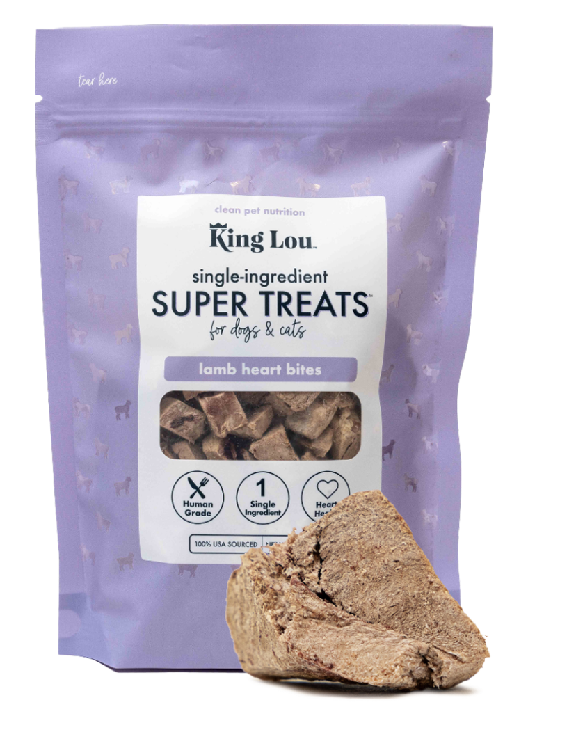 Purple bag of King Lou pet treats labeled 'Lamb Heart Bites' for dogs and cats.