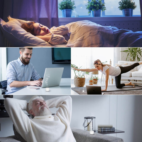 Different settings showcasing the use of the product: a baby's room, an adult's bedroom, and even a traveler's hotel room.