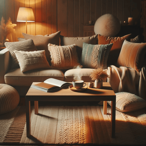 A cozy room setup with a comfy couch and a coffee table