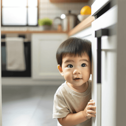 Toddler peering around the corner into the kitchen, eyes filled with curiosity