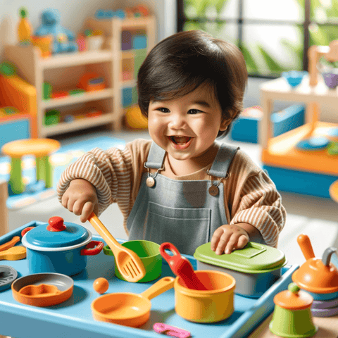 Toddler playing with toy kitchenware in a safe play area