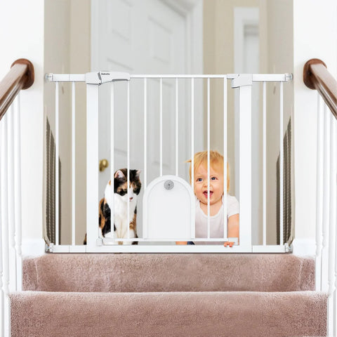 Babelio 29-43" Walk-Thru Baby Gate with Small Lockable Pet Door  4.9 Regular price $89.99 USD Sale price $74.99 USD Sale Shipping calculated at checkout. Color White Gray Black Quantity Decrease quantity for Babelio 29-43&quot; Walk-Thru Baby Gate with Small Lockable Pet Door 1 Increase quantity for Babelio 29-43&quot; Walk-Thru Baby Gate with Small Lockable Pet Door  Add to cart Buy now with ShopPay Buy with  More payment options 🚚 Free Shipping: 3-7 Business Days.  🛡️ Return Policy: Free 30 Days Return.  🤝Business Cooperation: Chat with us.  EXTRA WIDE：Fits 29-43 inch openings, and the width of the pet gate can be adjusted with the included 2.75 inch extension，suitable for stairs, doorways, hallways. And 30 inch tall make it perfect for toddlers and medium pet.  SMALL PET DOOR: This pet gate has a one-handed walk-thru door and a small lockable pet door. Ideal for families with children and multiple pets. The small pet door can be adjusted up and down and locked, which is convenient and practical.  SAFE AND FIRM: Using all-steel material and double lock design, not only resist the impact of pets but also prevent children from opening the steps. Provide a safe growth environment for your children and pets.  AUTO-CLOSE: For added hands-free convenience, it is equipped with an auto-close feature that gently closes the door and a stay-open feature that keeps it open. it can be opened easily with one-hand operation.  EASY SET UP: The simple and quick pressure installation, do not require additional tools or holes in the wall. NOTE: Before installation there will be a gap between the gate latch and the frame which is NOT a defect and it is NOT bent. This gap will be eliminated once installed.  DETAILS Material  Alloy Steel Color	White Width	29-43 Inches Height	30 Inches Mounting Type	Pressure Mount Auto Close	Yes Double Lock Design	Yes NOTE 1 in = 2.54 cm; 1 cm = 0.39 in * Should you require any further information about our products and services, feel free to Contact Us.  Share