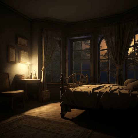 A dimly lit, serene bedroom setting. The room is bathed in soft moonlight. An open window allows a gentle breeze, rustling the curtains.