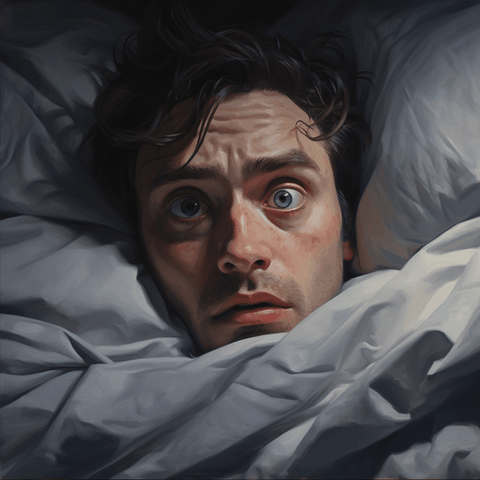 Close-up of a stressed individual with eyes wide open in bed, suggesting sleeplessness.