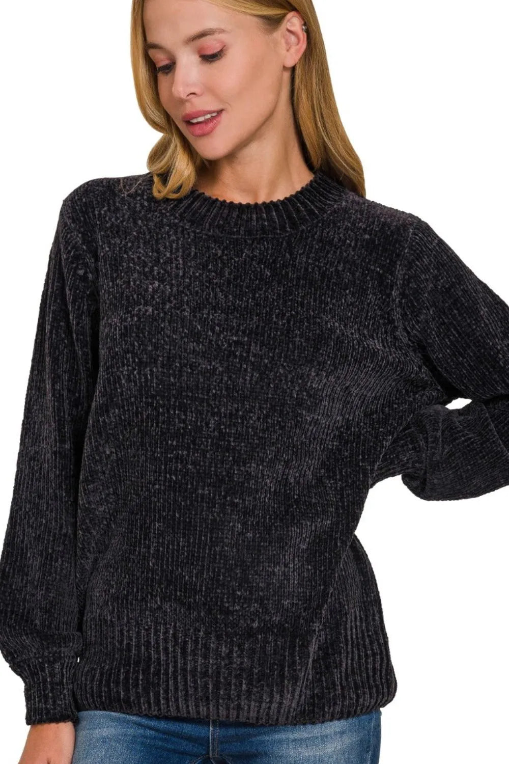 Zenana Round Neck Balloon Sleeve Chenille Sweater