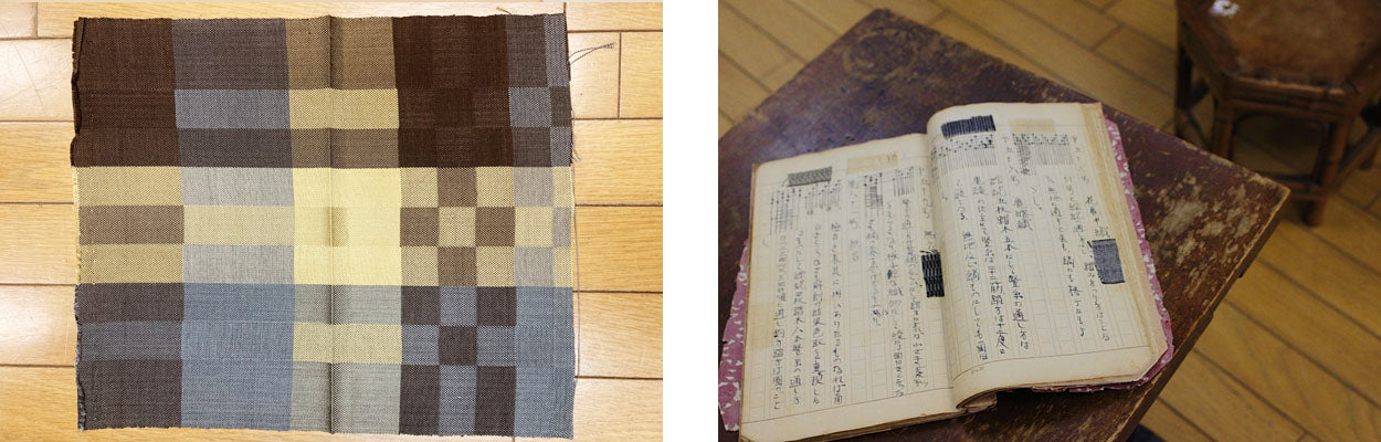 （写真左）2012年の日本民芸館展に初出品・初入選した作品の端切れ（写真右）祖父・柳悦博氏が記した織の見本帖