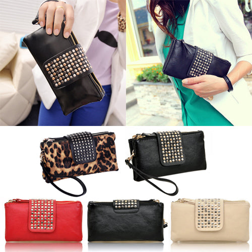 Women Rivet Zipper Wallet Holder Card Coin Clutch Purse Wristlet Evening Bag - Ecart