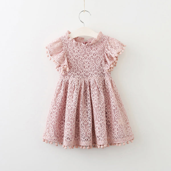 Summer Kids Baby Girl Solid Color Hollow Lace Pompom Short Sleeve O-Neck Dress - Ecart