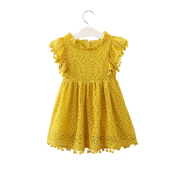 Summer Kids Baby Girl Solid Color Hollow Lace Pompom Short Sleeve O-Neck Dress - Ecart