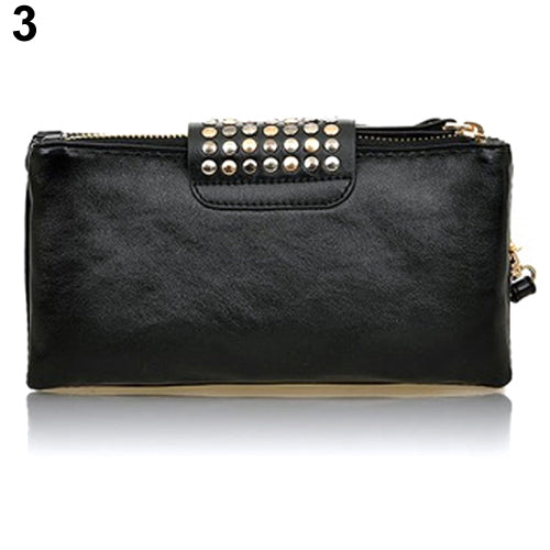 Women Rivet Zipper Wallet Holder Card Coin Clutch Purse Wristlet Evening Bag - Ecart