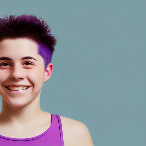 Non-binary teen with purple hair, smiling
